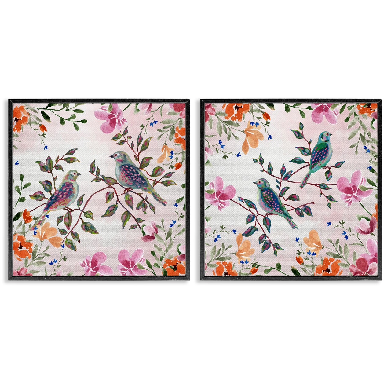 Stupell Industries Bird Pairs & Country Florals 2 Piece Black Framed Giclee Art Set, design by Adonna Ebrahimi
